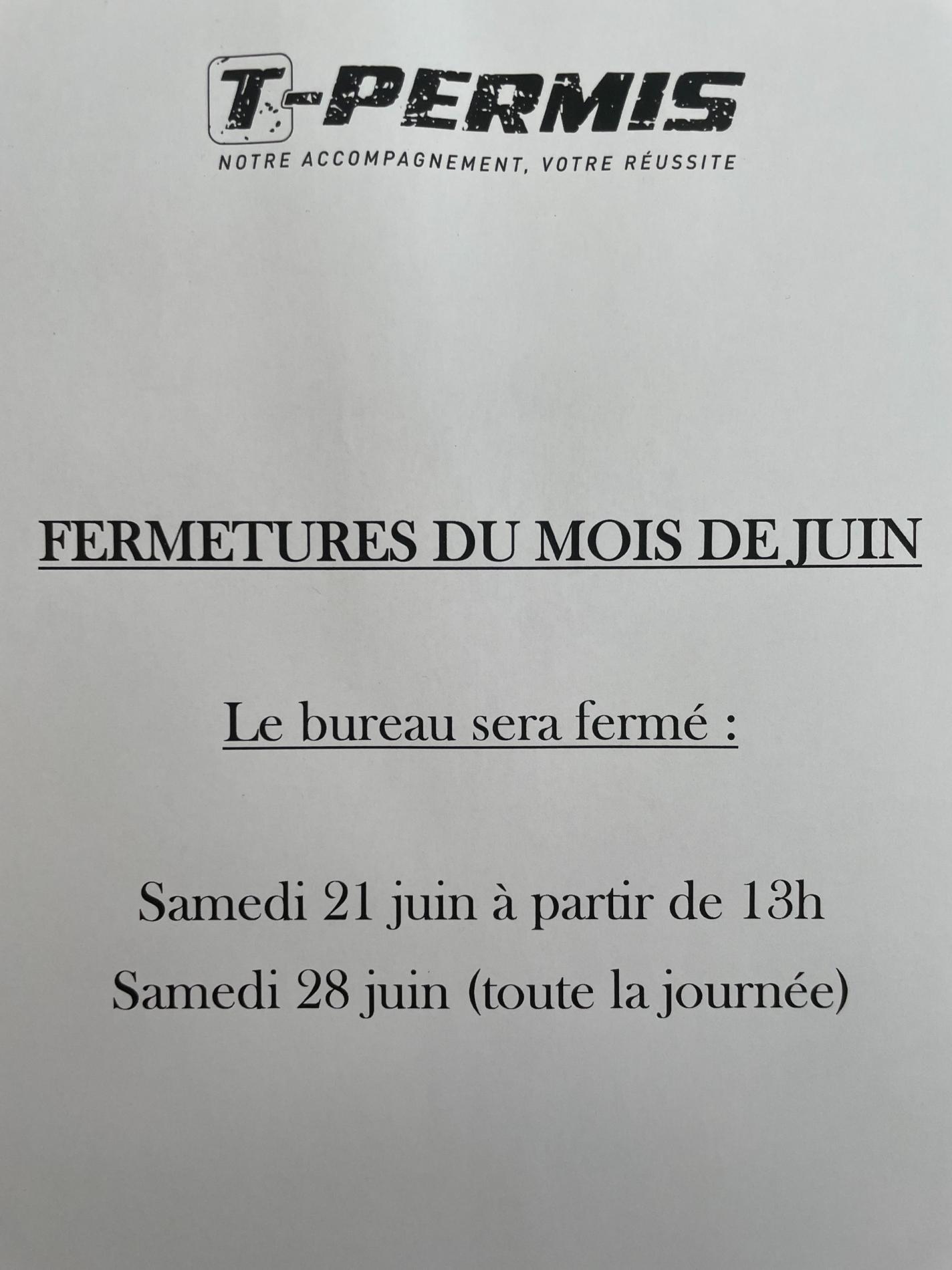 Fermetures du bureau Juin 2025