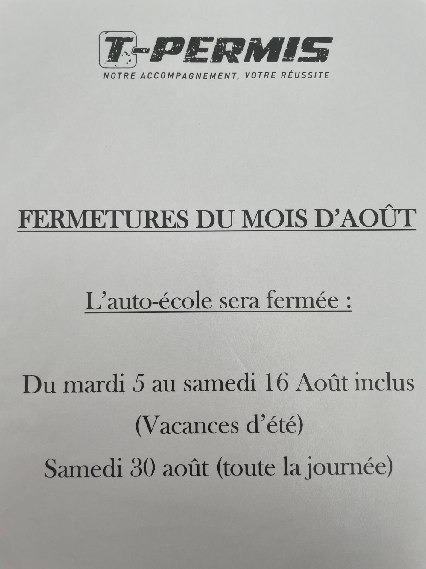 Fermetures du bureau août 2025