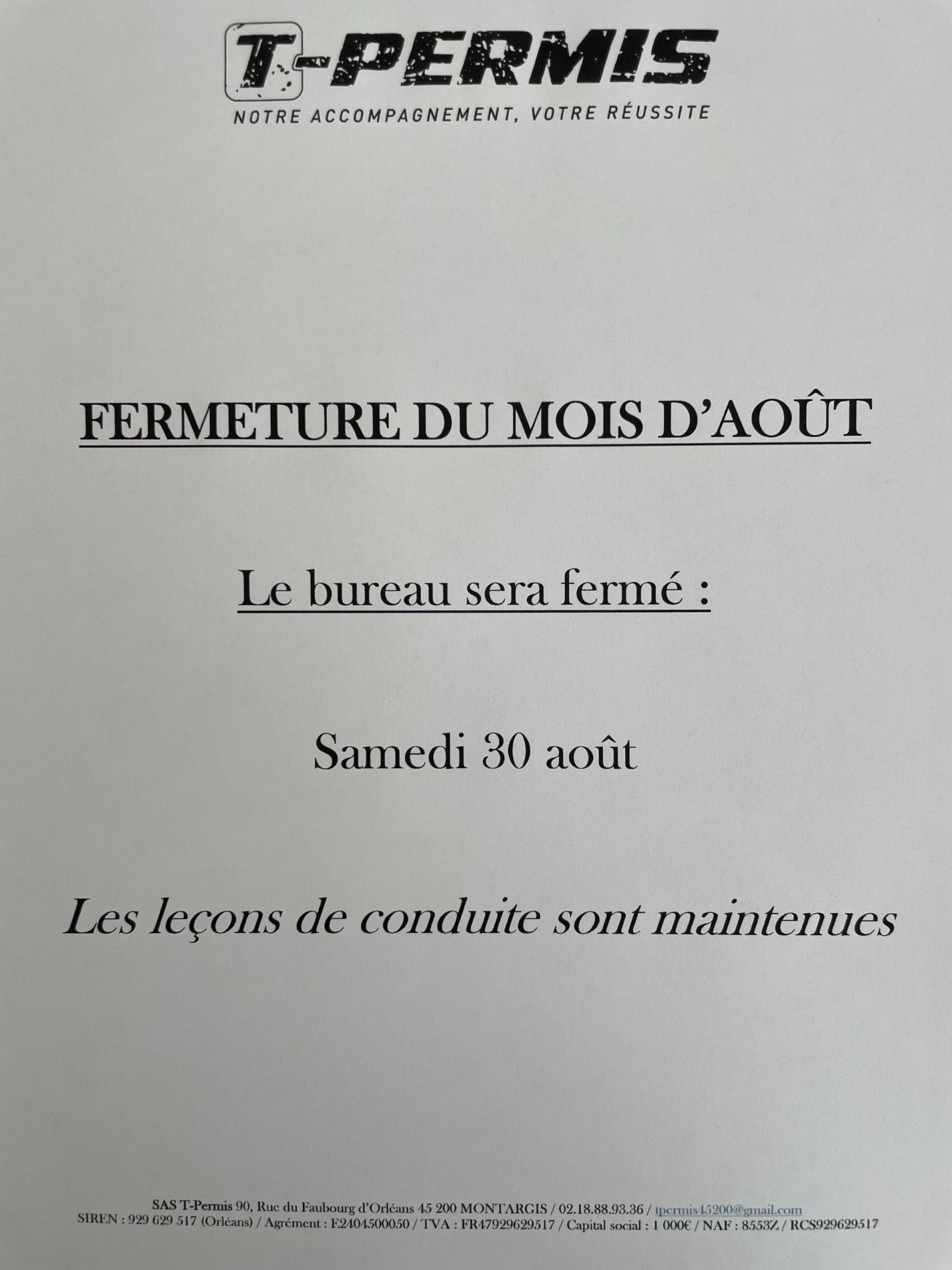 Fermetures du bureau août 2025
