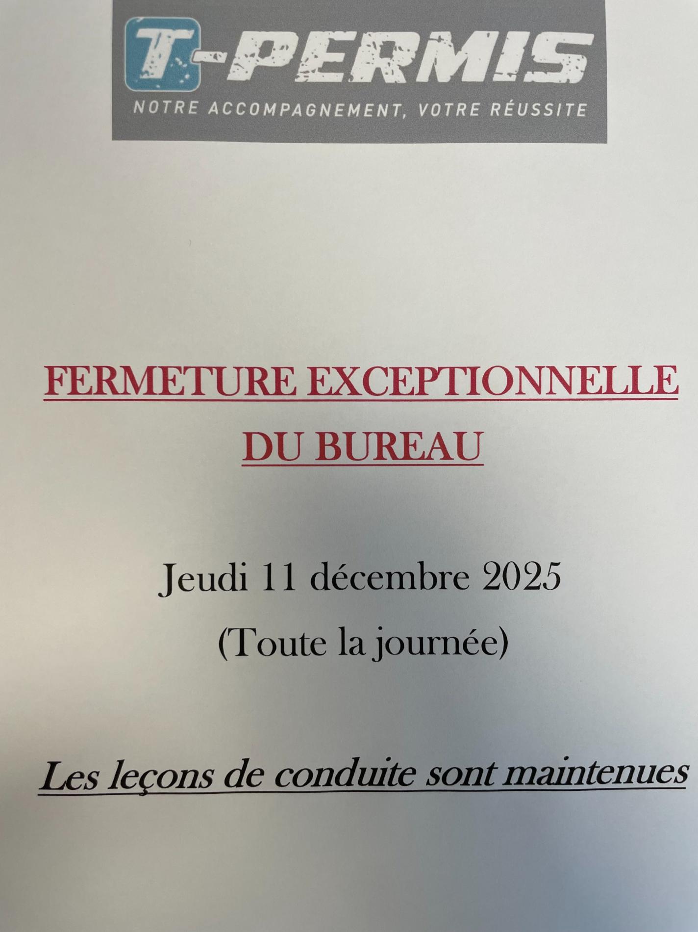 FERMETURE EXCEPTIONNELLE DU BUREAU