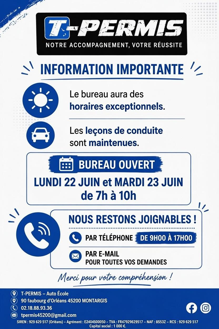 Adaptation des horaires de bureau du 22 & 23 juin