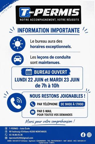 Adaptation des horaires de bureau du 22 & 23 juin